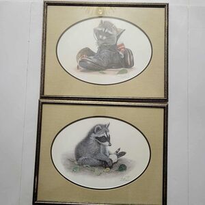 VTG Webb Garrison Raccoon Prints Set of 2 Framed Signed Limited Ed Art 15x19